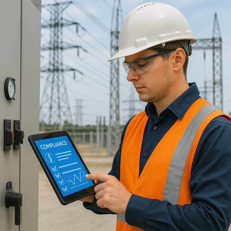 Utility worker reviewing compliance data on a tablet near electrical infrastructure.