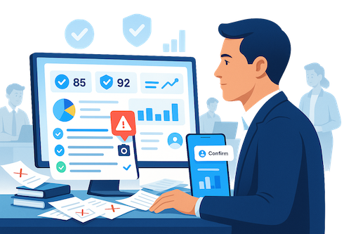Manager viewing a digital analytics dashboard with charts and performance metrics representing uAuditor analytics and reporting