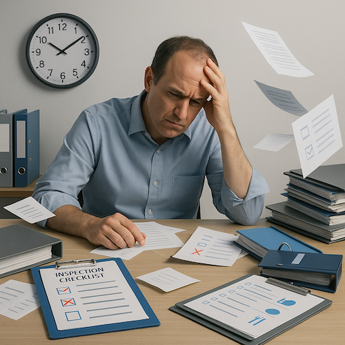 Inspector overwhelmed with paper inspection checklists showing the inefficiency of manual inspection processes