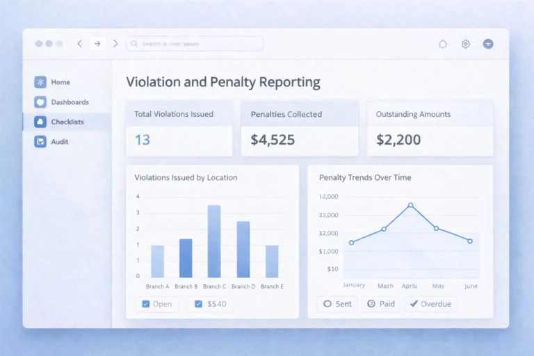 Violation and penalty reporting dashboard with total violations, collected penalties, and outstanding amounts