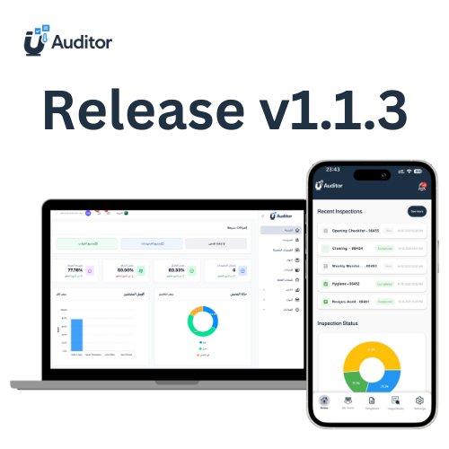 uAuditor Release v1.1.3 showing the web dashboard and mobile app interface for inspections and performance tracking.