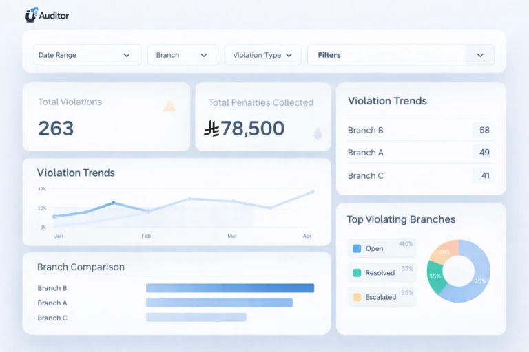Violation trends dashboard comparing branches with total violations and penalties collected