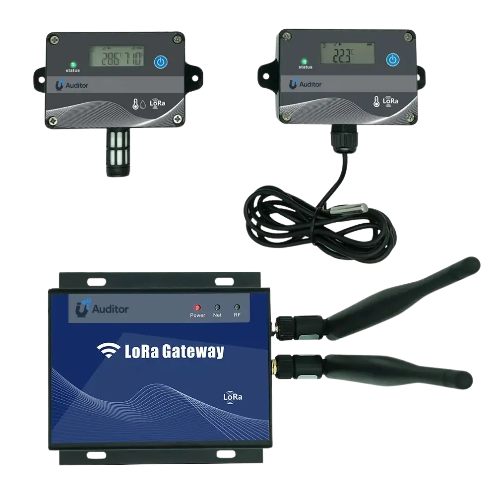 Long-range IoT temperature monitoring sensors and gateway used for real-time environmental monitoring with the uAuditor platform