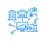 Multi-building temperature monitoring icon representing centralized IoT monitoring across facilities