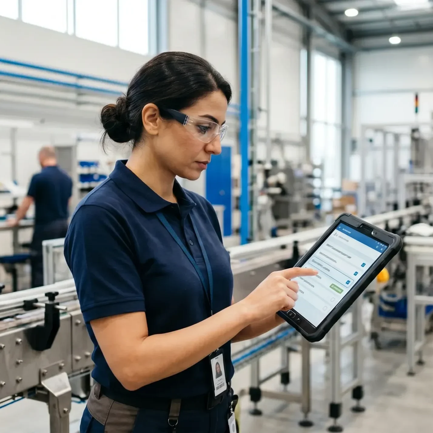 Technician completing a digital SOP checklist on a tablet during a facility inspection.